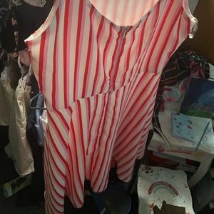 Red, whit, and pink pinstripe cocktail dress. Perfect for a night out on the tow